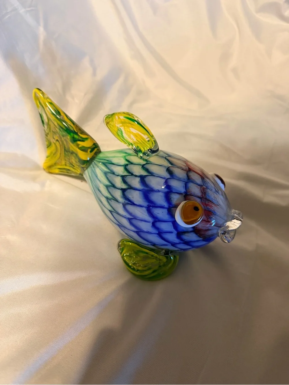 Handblown Art Glass Fish Figurine 9” Blue Green Yellow Coastal Ocean Decor
